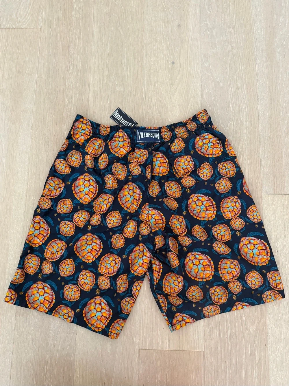 Vilebrequin Navy Swim Shorts with Orange Mosaic Turtle Print